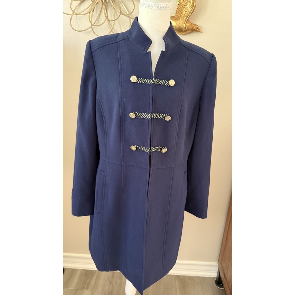 Tahari Arthur S Levine Coat Womens 12P Navy Military Gold Button Petite Jacket